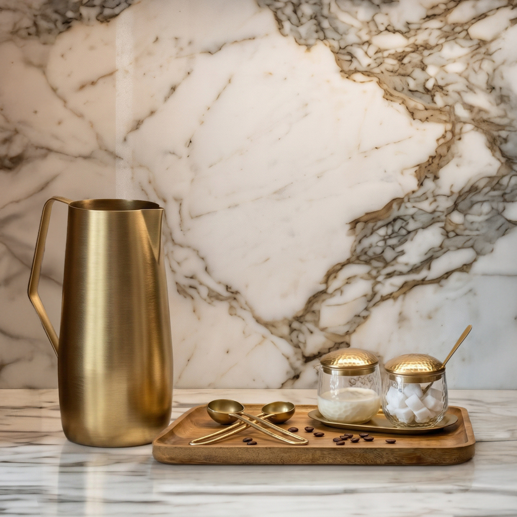 Handblown Sugar and Creamer Set with Brass Tray