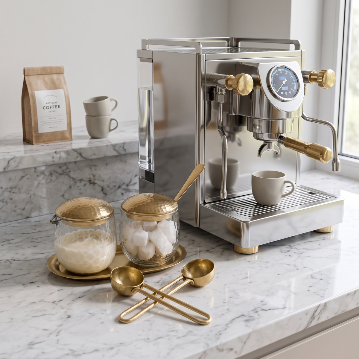 Handblown Sugar and Creamer Set with Brass Tray