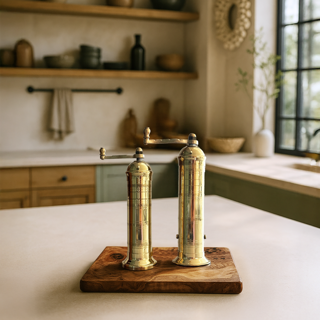 Brass Mills & Olive Wood Board Set