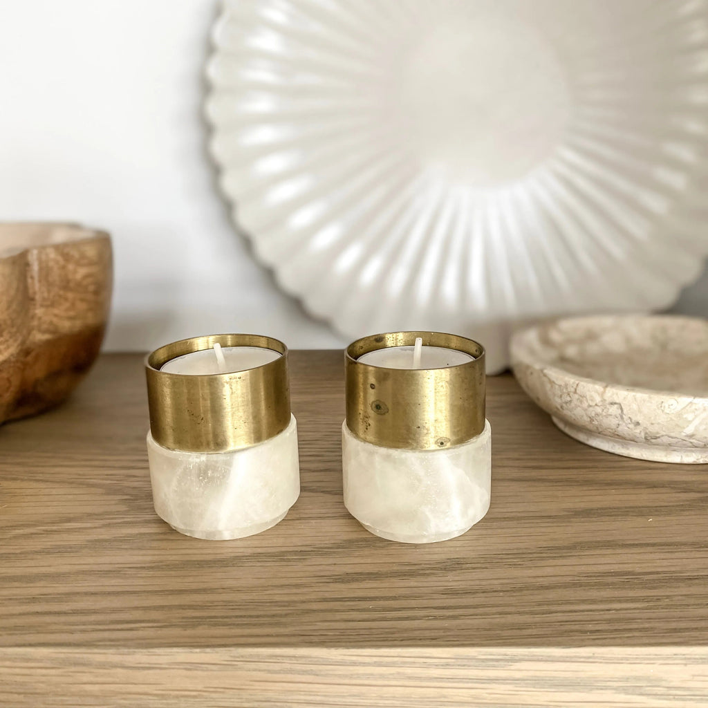 Alabaster and Brass Tealight Candle Holders - Pair