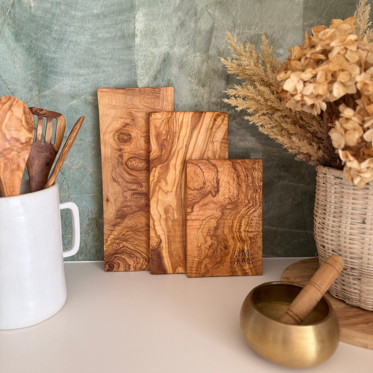Brass Mills & Olive Wood Board Set