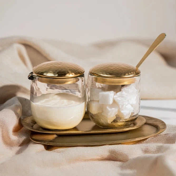 Handblown Sugar and Creamer Set with Brass Tray